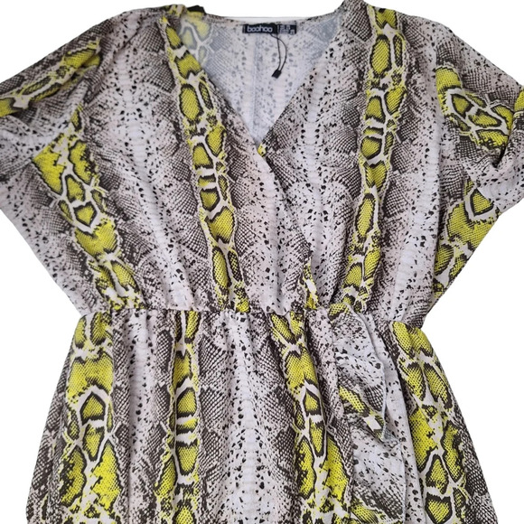 Bohoo Size 14 Snake Print Ruffle Faux Wrap Long Sleeve Elastic Waist Mini Dress - Picture 5 of 11